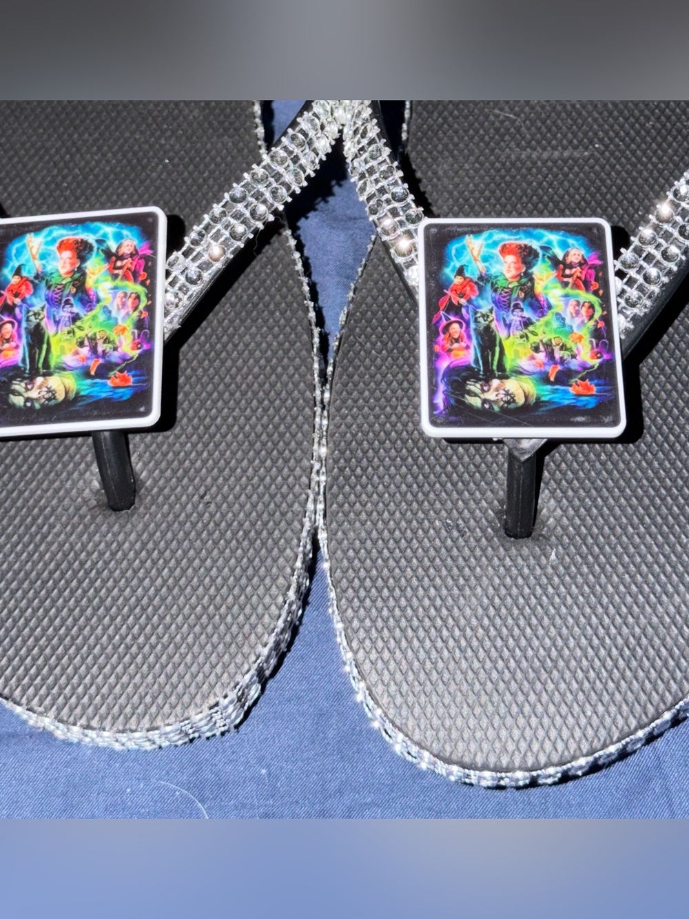 Black Rhinestone Flip-Flop Sandals with Colorful Graphic Accent
